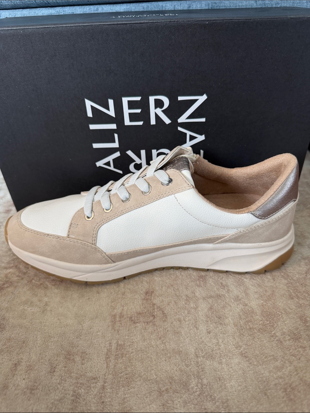 Naturalizer Women’s Jace White and Beige Low-Top Leather & Suede Sneaker - Picture 2 of 6